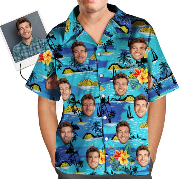 Benutzerdefiniertes Gesicht Hawaiihemd Herren Überall drucken Große Blätter Kurzarmhemd