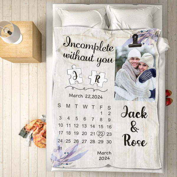 Benutzerdefinierte Decke Mit Kalender, Foto Und Namen, Unvollständig Ohne Ihr Valentinstagsgeschenk