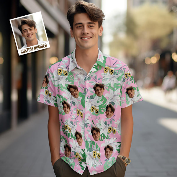 Benutzerdefinierte Gesichts-hawaii-shirt-nummer Im Weinglas, Rosa Und Grüne Ärmel, Gesicht-hawaii-shirt-geschenk Für Ihn