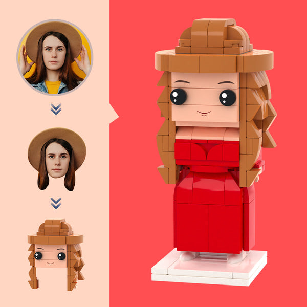 Kundenspezifischer Kopf Lässige Modelle Rotes Kleid Figuren Kleines Partikelblockspielzeug Anpassbare Ziegelsteinkunstgeschenke